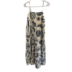 Petal & Pup Womens M Blue Cream Tropical Fruit Print Tiered Maxi Beachy Feminine
